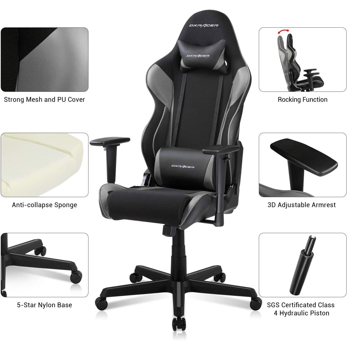 DXRacer Racing Ergonomic Home Office Desk Computer Gaming Chair, Black & Gray