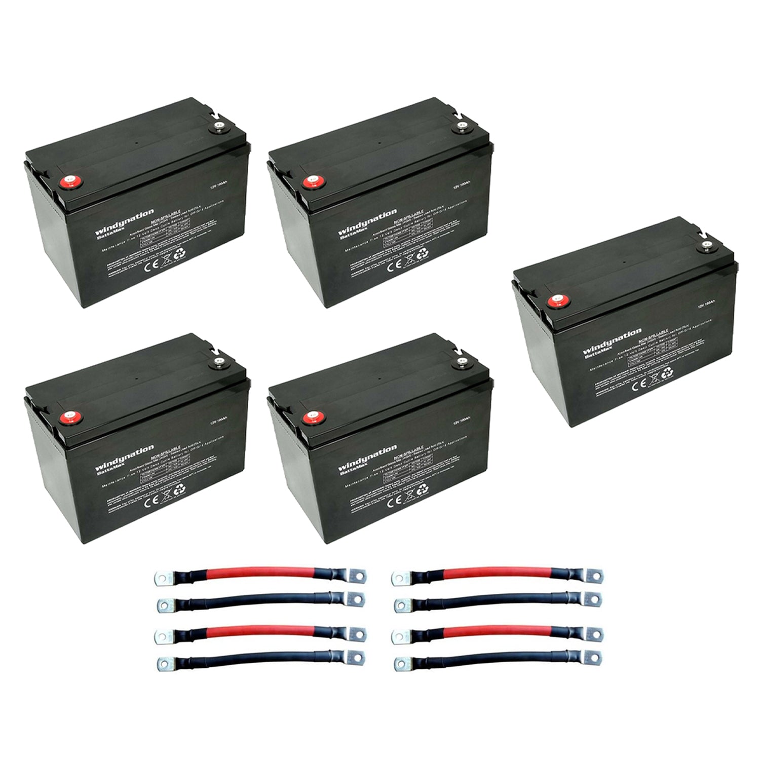 Windy Nation 12V 100 Ah Deep Cycle Solar Off Grid Battery with Cables (5 Pack)