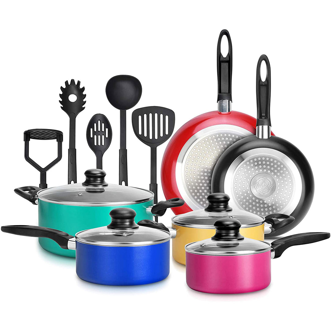 Nutrichef 15 Piece Nonstick Pots Pans Utensils Cookware Set, Multicolor (Used) - VMInnovations