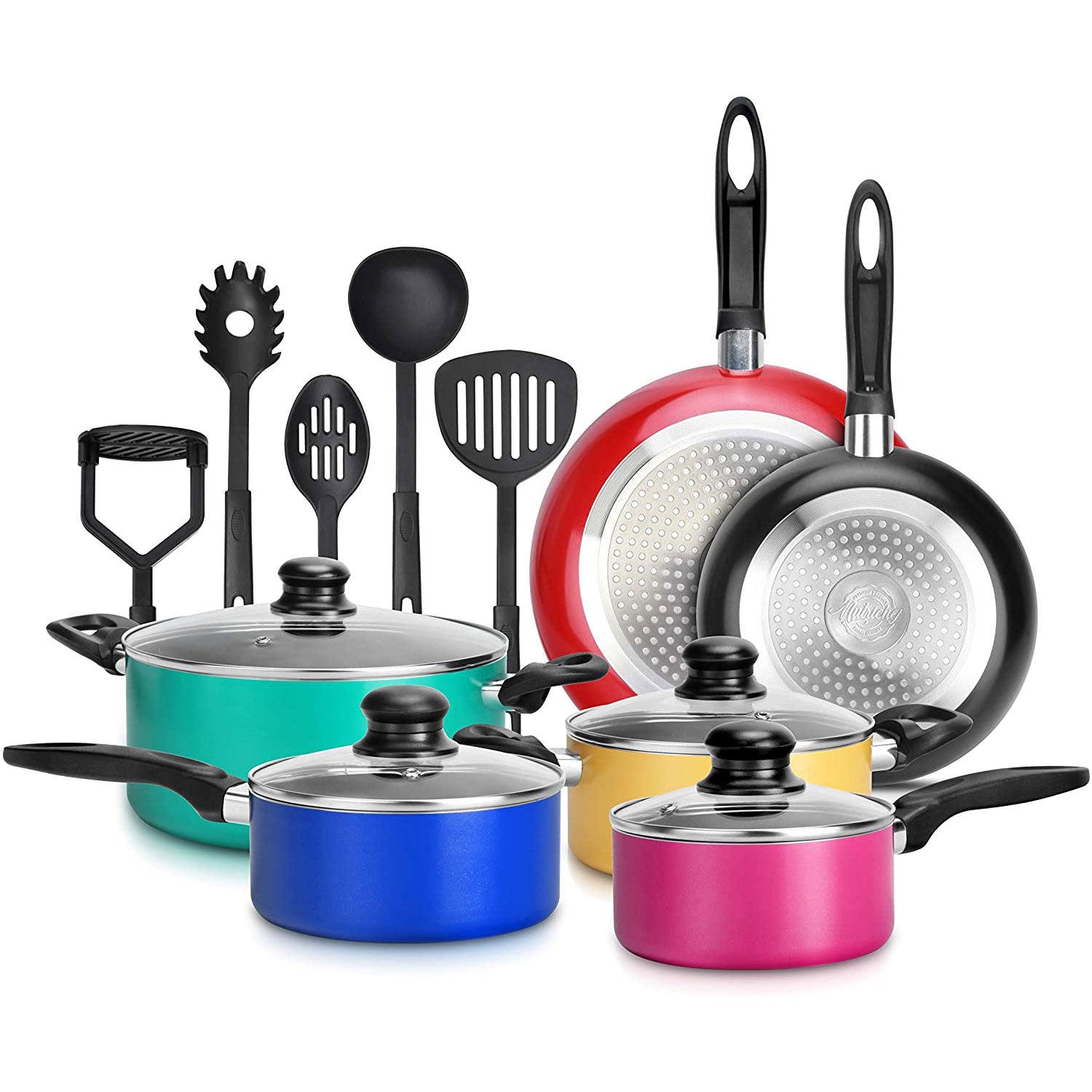 Nutrichef 15 Piece Nonstick Pots Pans Utensils Cookware Set, Multicolor (Used) - VMInnovations