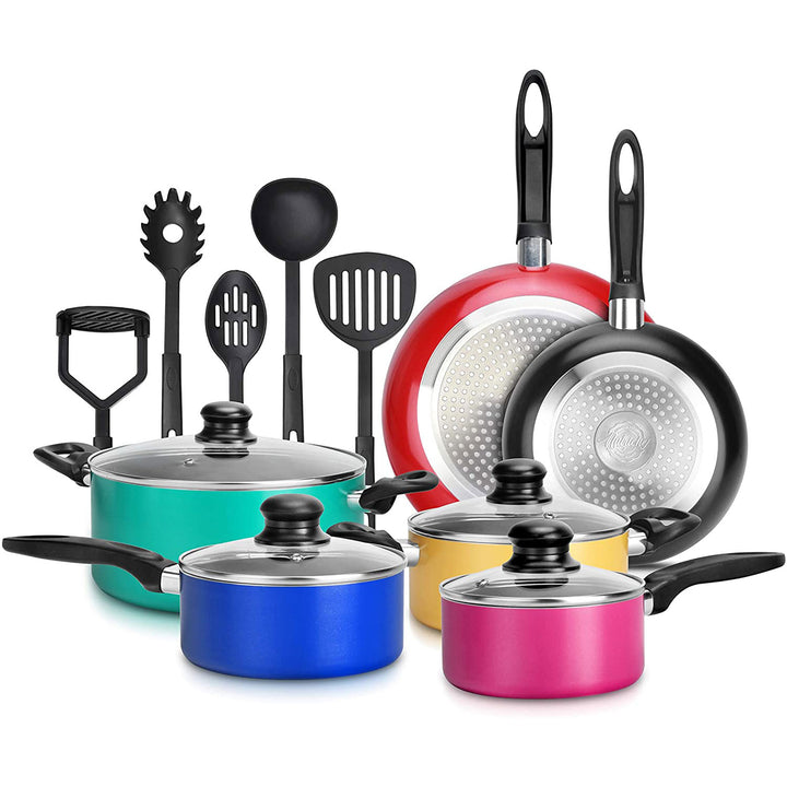 Nutrichef 15 Piece Nonstick Pots Pans Utensils Cookware Set, Multicolor (Used) - VMInnovations
