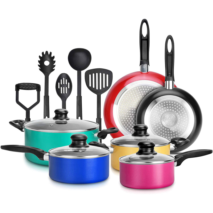 Nutrichef 15 Piece Nonstick Kitchen Pots Pans Utensils Cookware Set, Multicolor - VMInnovations