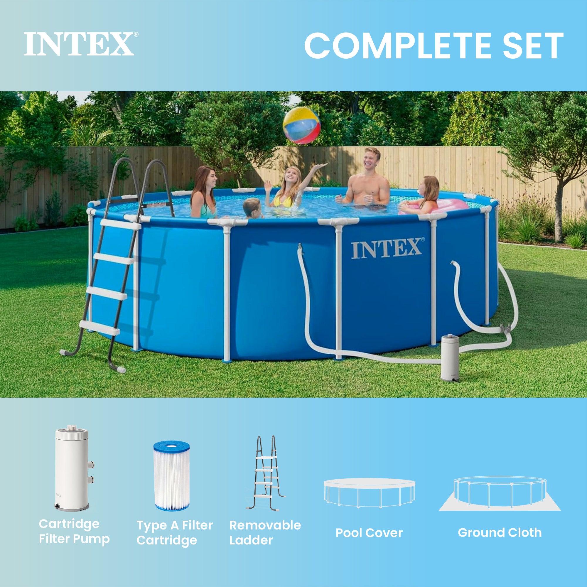 Intex 15ft x 48in Metal Frame Above Ground Pool Set with Pump & Cover (Used)