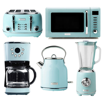 Haden Heritage Toaster, Kettle, Coffee Maker, Microwave, and Blender Set, Blue