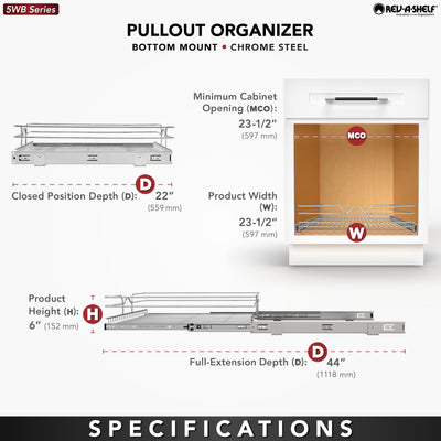 Rev-A-Shelf Pullout Single Basket Organizer for Kitchen Cabinets, 24 x 22 In, 5WB1-2422CR-1