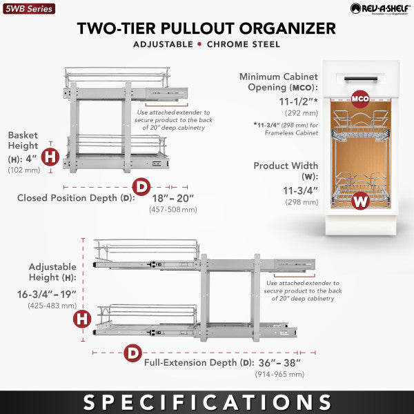 Rev-A-Shelf Kitchen Cabinet Pullout Shelf Organizer, 12 x 18 In, 5WB2-1218CR-1