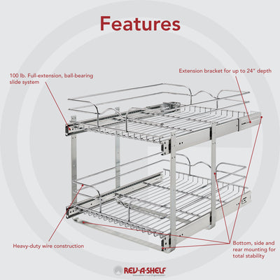 Rev-A-Shelf 18" x 22" 2-Tier Cabinet Pull Out Wire Baskets, Chrome (Refurbished)