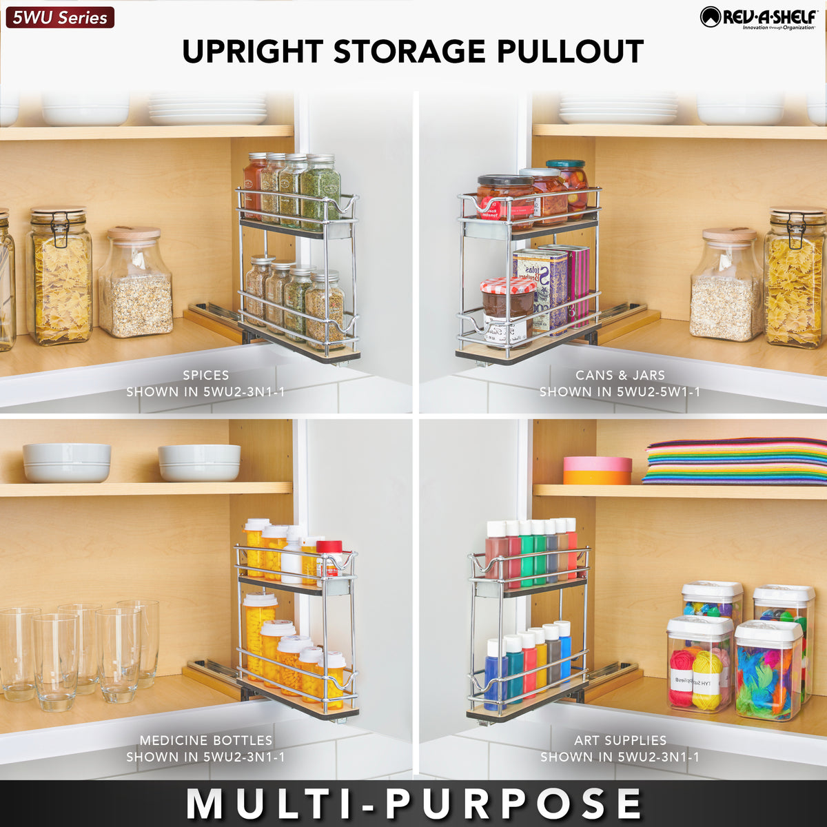 Rev-A-Shelf 5" Pullout Organizer for Cabinets, 2 Tier Upright Shelf, 5WU2-5W1-1