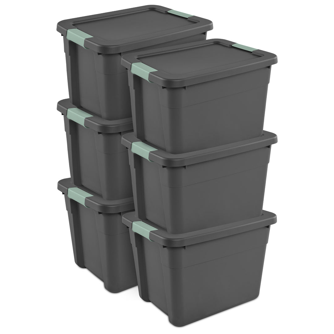 Sterilite 6Pk Latch Tote, Stackable Plastic Storage Container, 12Gal, Gray/Green