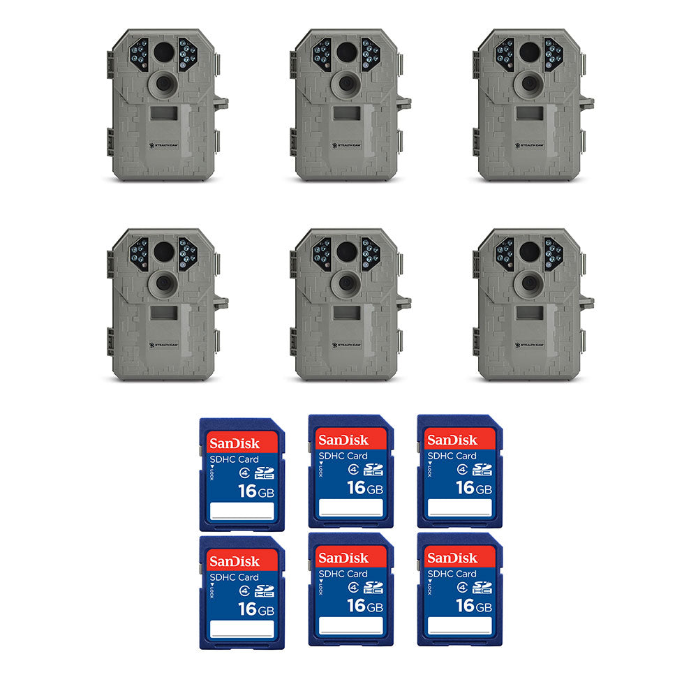 Stealth Cam 6MP IR Game Camera (6 Pack) & SanDisk 16GB SD Memory Card (6 Pack) - VMInnovations