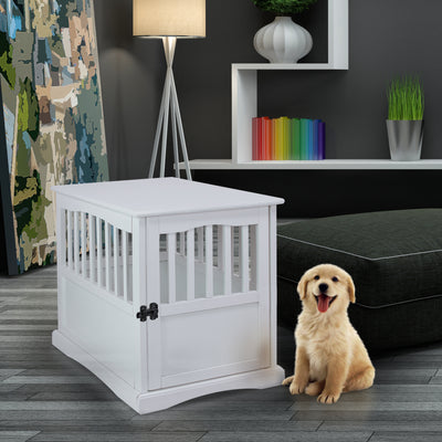 Casual Home Solid Wood Lockable Gate Door Pet Crate End Side Table, White (Used)