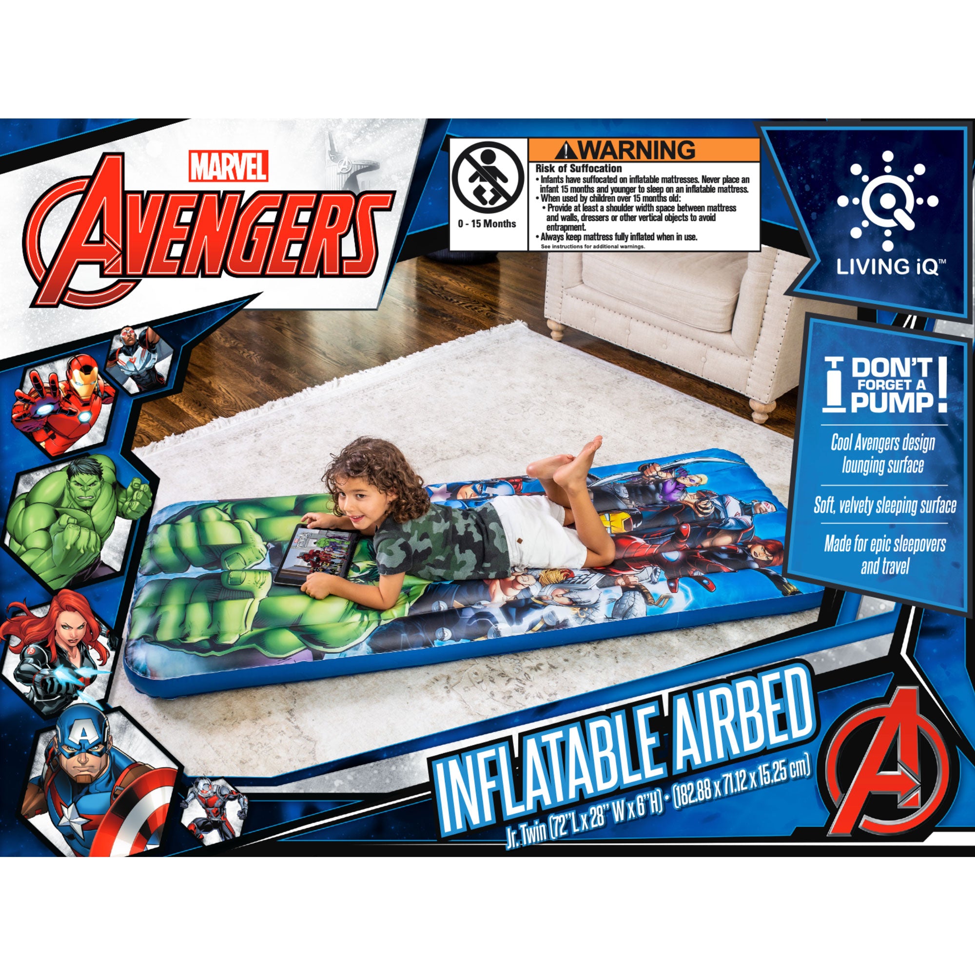 Living iQ Jr Twin Travel Kids Blow Up Air Bed Mattress, Marvel Avengers (Used) - VMInnovations