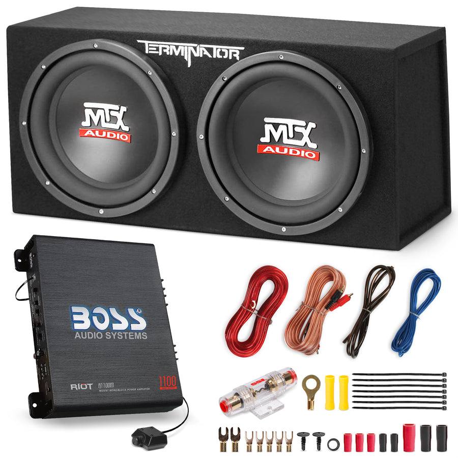 MTX TNE212D 12" 1200W Dual Loaded Car Subwoofer and Boss 1100W Amplifier w/  Kit - VMInnovations