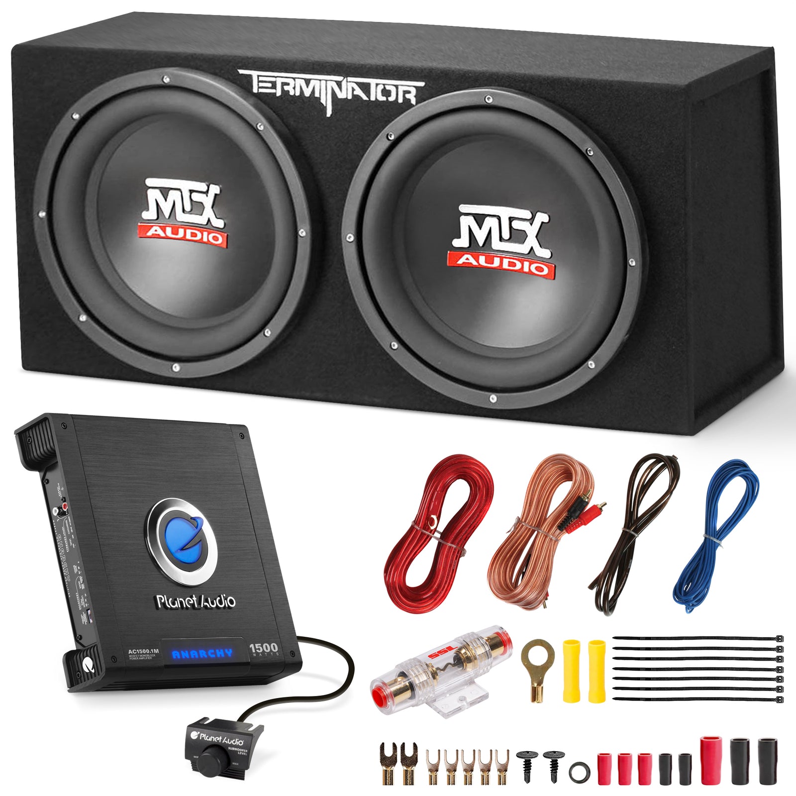 MTX TNE212D 12" 1200W Dual Loaded Car Subwoofers Box & Planet 1500W Amp with Kit - VMInnovations