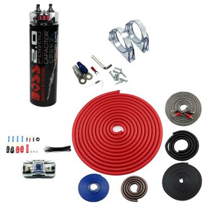 BOSS CPBK2 2.0 FARAD LED Digital Car Audio Capacitor Cap + 4 Gauge Amp Kit