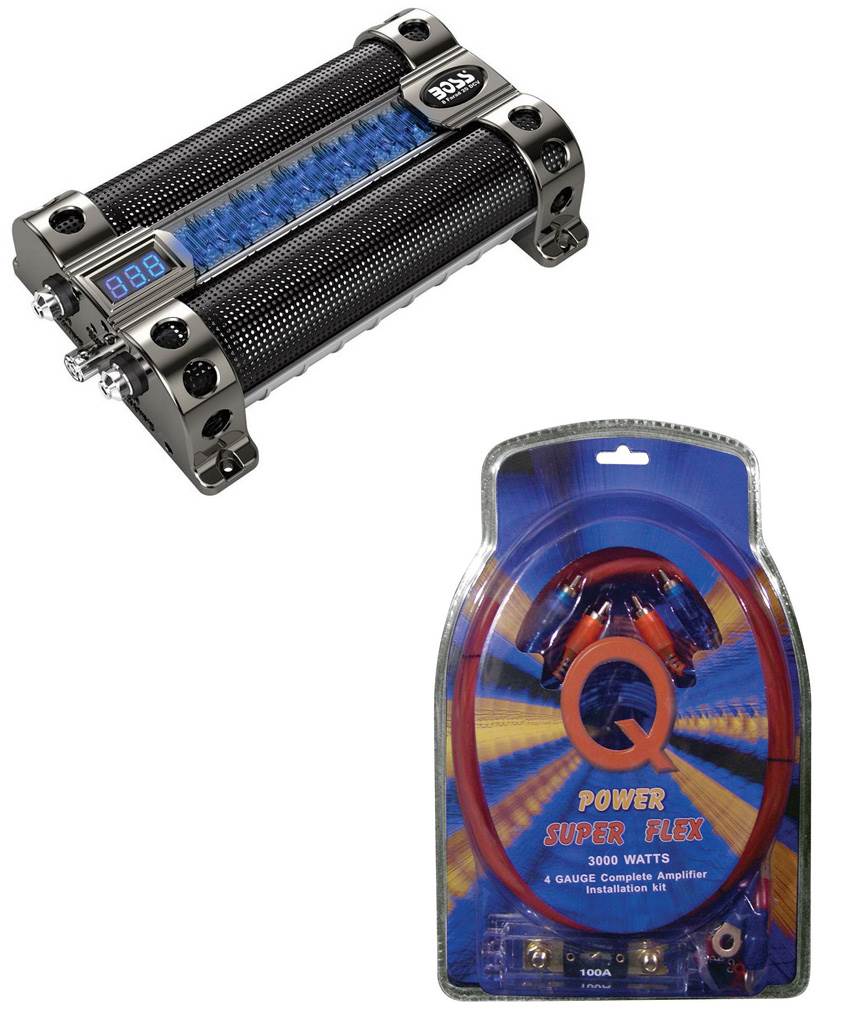 BOSS CAP8 FARAD LED Digital Car Power Capacitor Cap & Q Power 4 Gauge Wiring Kit