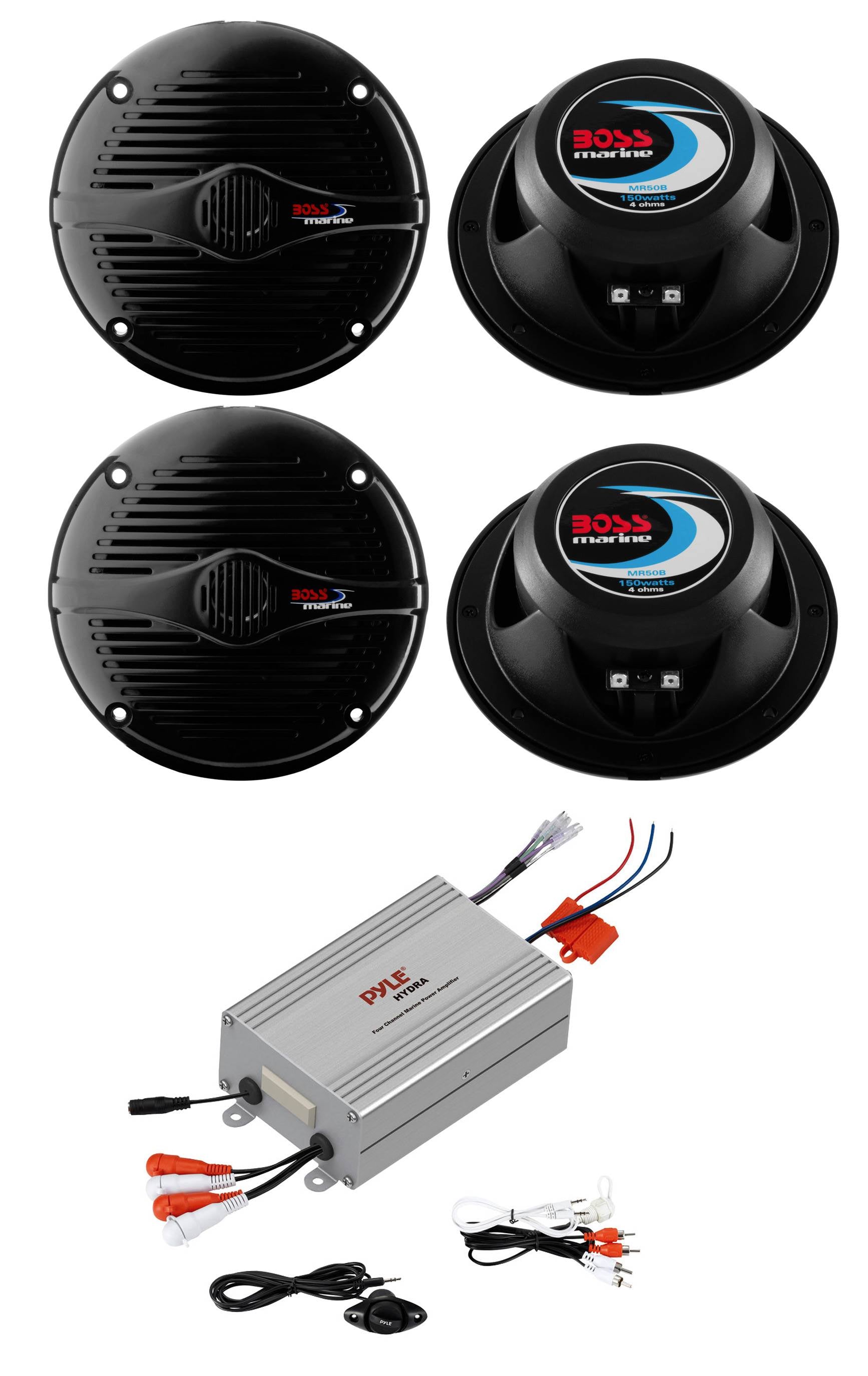 4) BOSS MR50B 5.25" Marine/Boat Car Speakers Black + Pyle 4 Channel Boat Amp