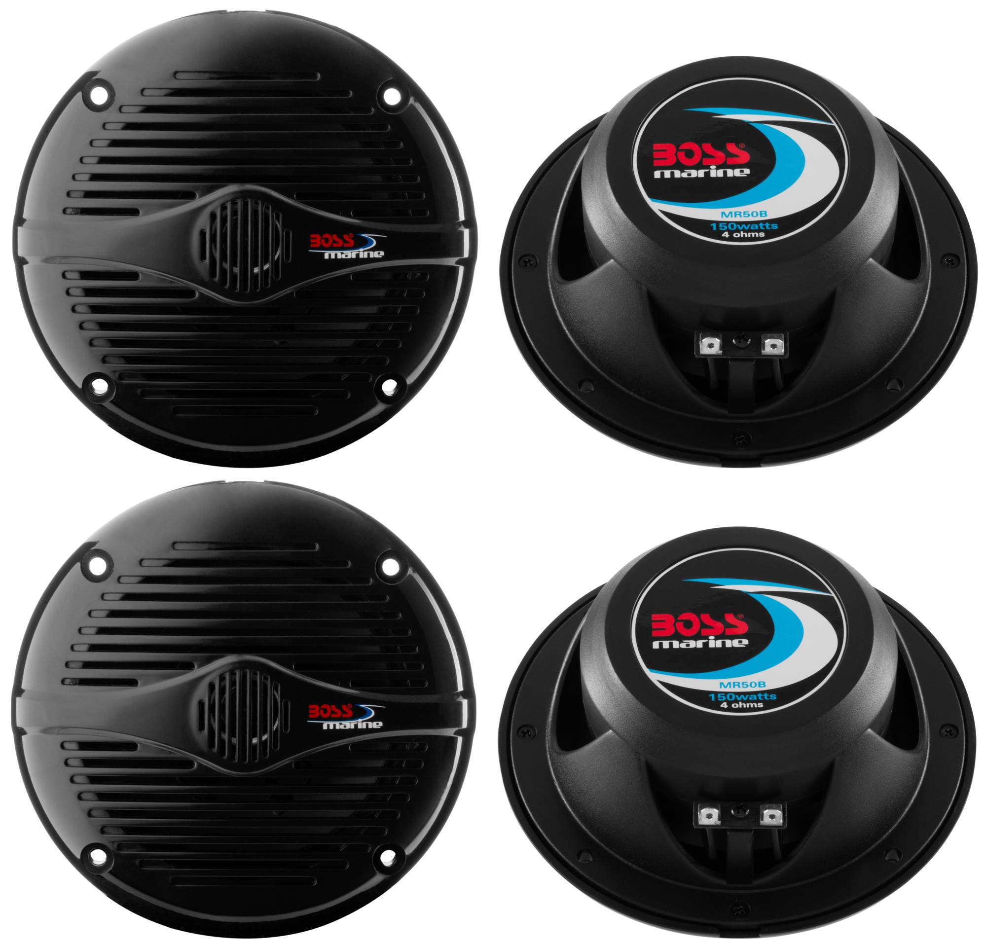 4) BOSS MR50B 5.25" Marine/Boat Car Speakers Black + Pyle 4 Channel Boat Amp