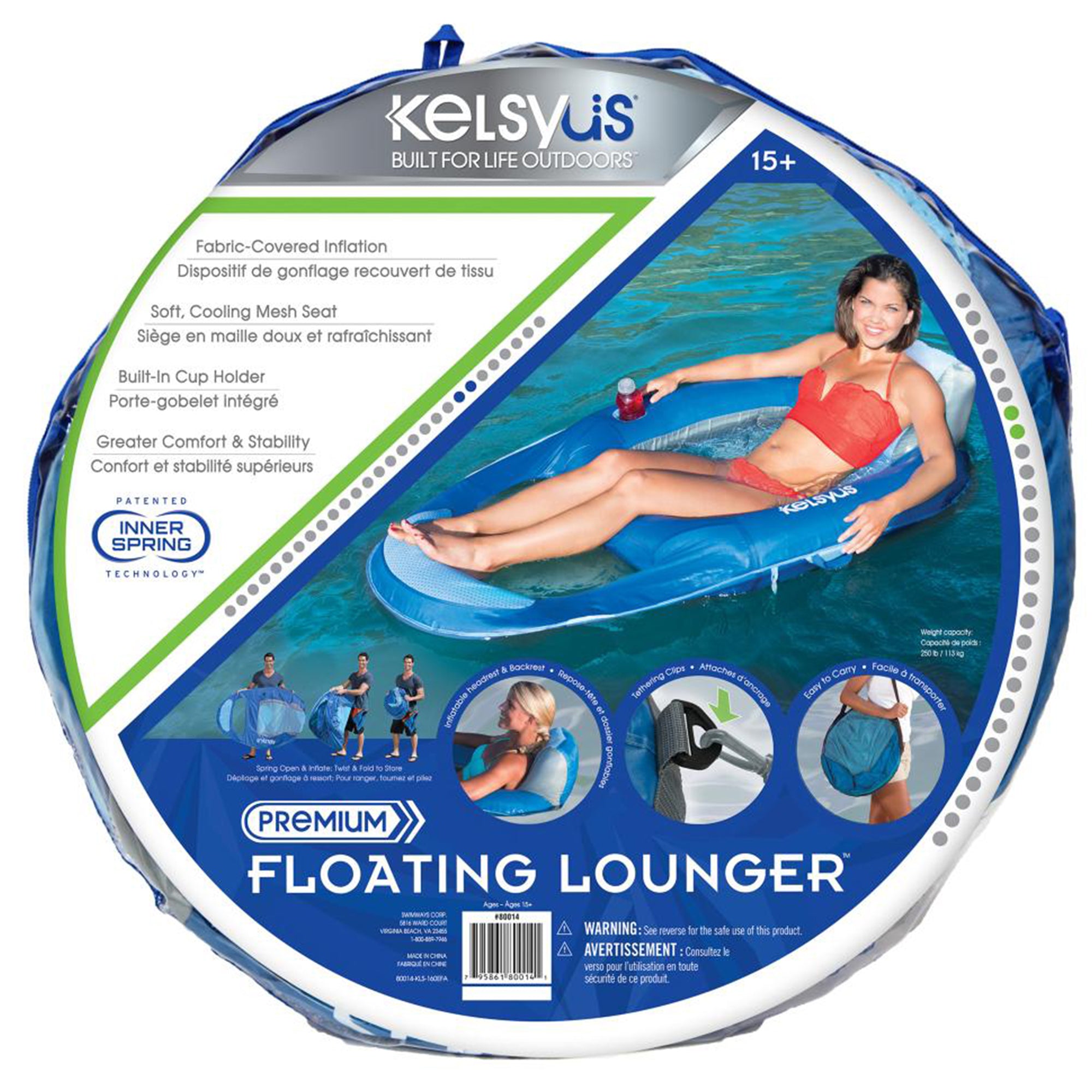 Kelsyus Floating Pool Lounger Chaise Inflatable Chair w/Cup Holder, Blue (3Pack) - VMInnovations