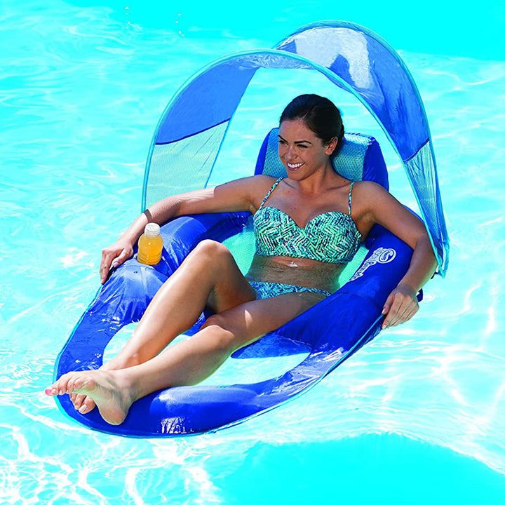 SwimWays Spring Float Pool Lounge Chair Recliner, Sun Canopy & Cup Holder, Blue