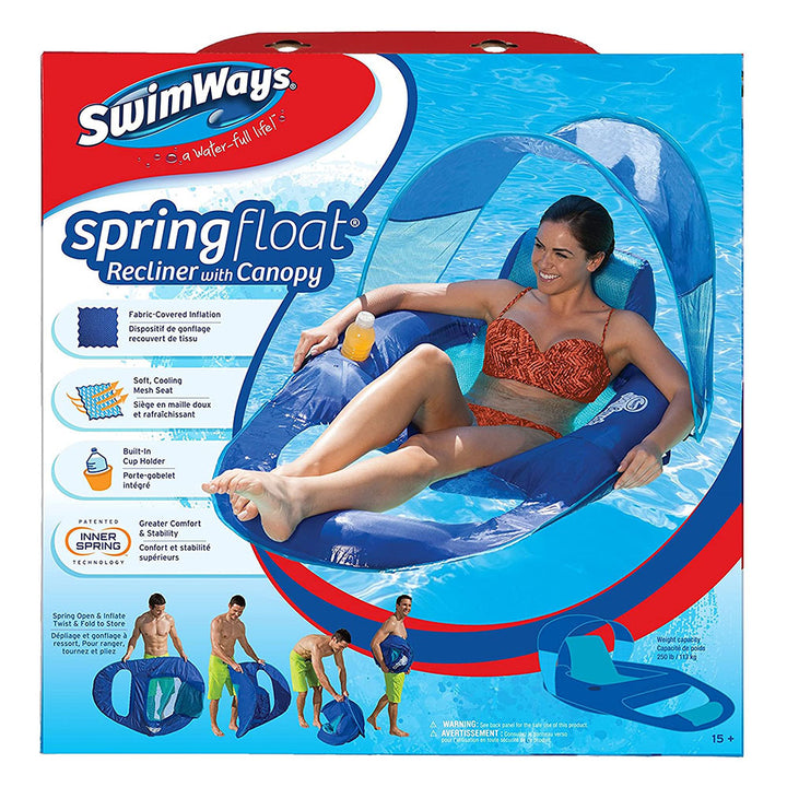 SwimWays Spring Float Pool Lounge Chair Recliner, Sun Canopy & Cup Holder, Blue