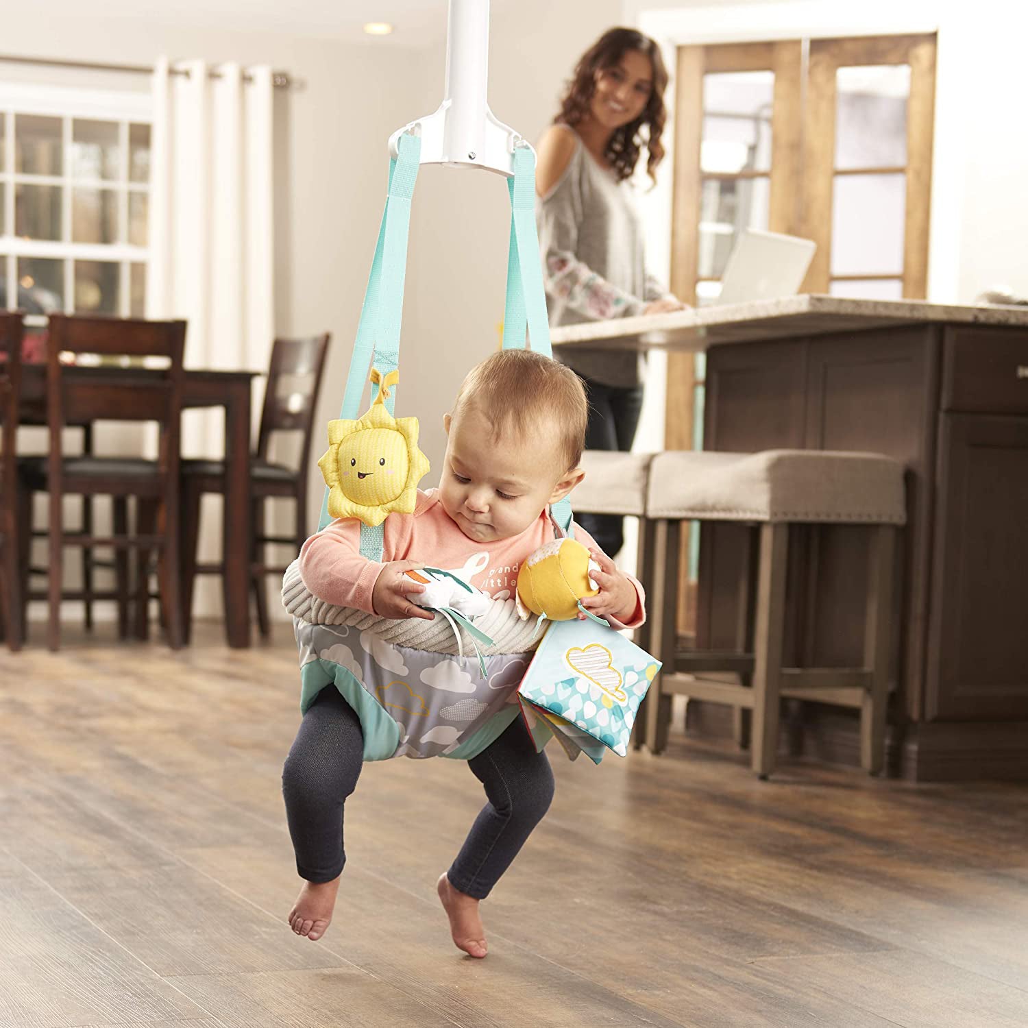 Evenflo Exersaucer Doorway Jumper with 4 Removable Toys and Mirror, Sweet Skies - VMInnovations