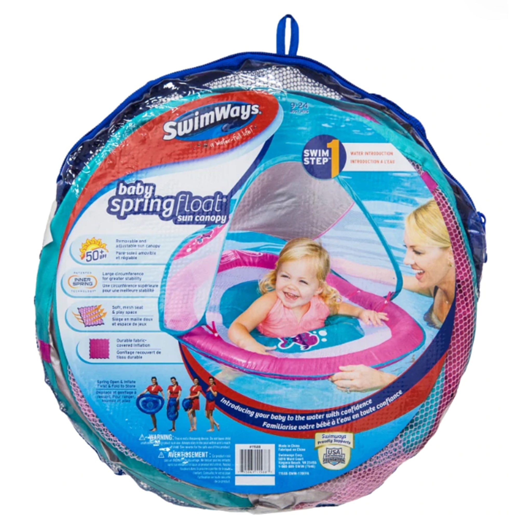 SwimWays Baby Spring Inflatable Round Pool Float w/ Protective Canopy, Pink Fish - VMInnovations