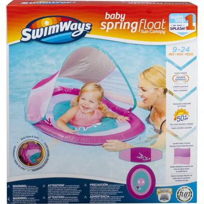 SwimWays Baby Spring Inflatable Round Pool Float w/ Protective Canopy, Pink Fish - VMInnovations