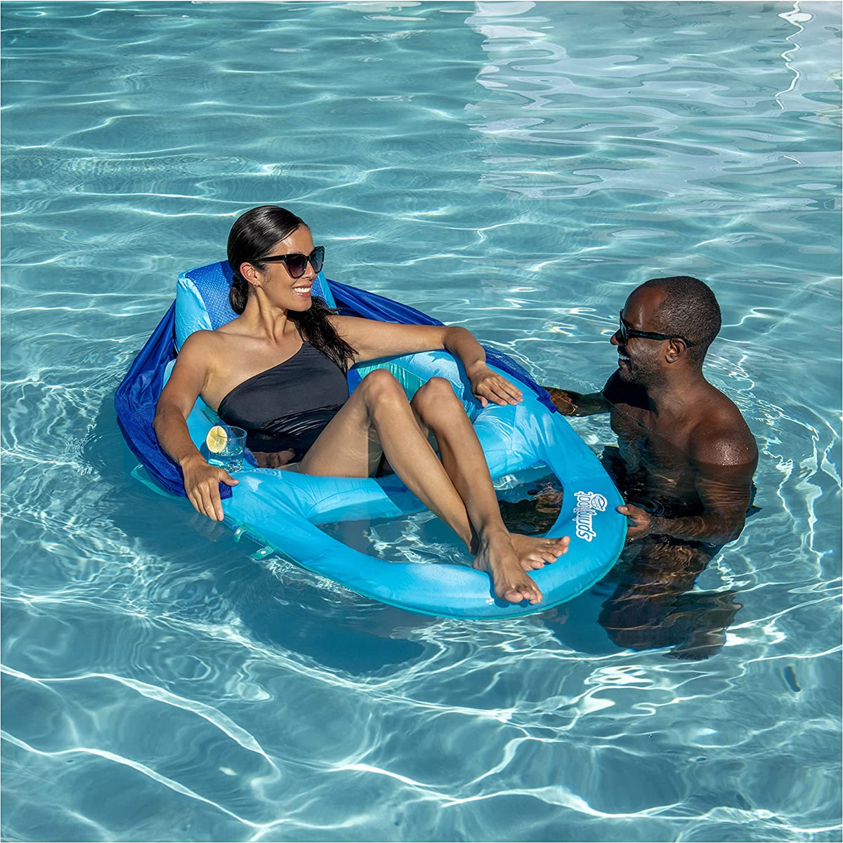 SwimWays Spring Float Recliner with Canopy Water Summertime Lounge Seat, Blue