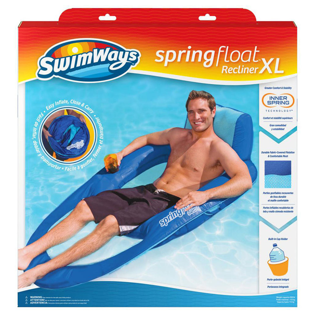 SwimWays Spring Float Recliner XL Inflatable Swimming Pool Float Lounger, Blue