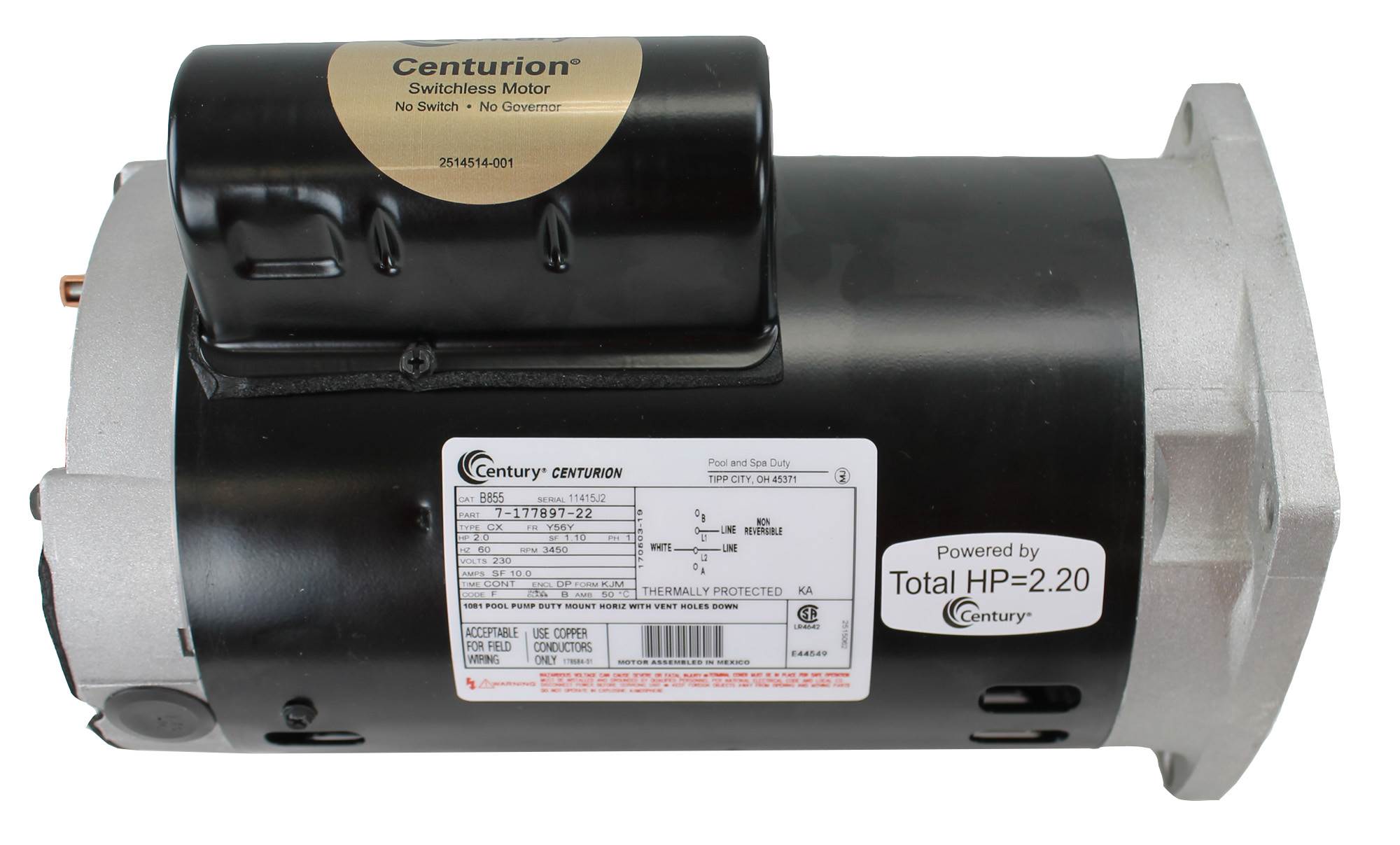 A.O. Smith Century B855 Square Fl2HP 230V 3450RPM Frame Pool Motor (Open Box)