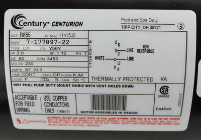 A.O. Smith Century B855 Square Fl2HP 230V 3450RPM Frame Pool Motor (Open Box)