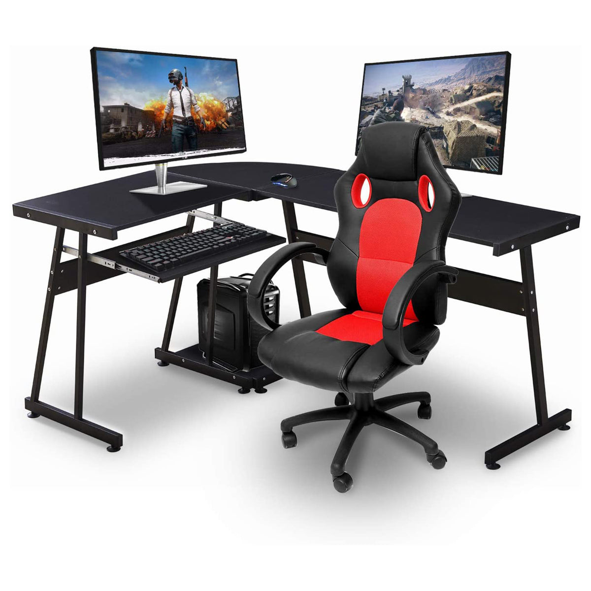 Ivinta Modern L Shaped Gaming Computer Desk w/ Keyboard Tray, Black (Used)