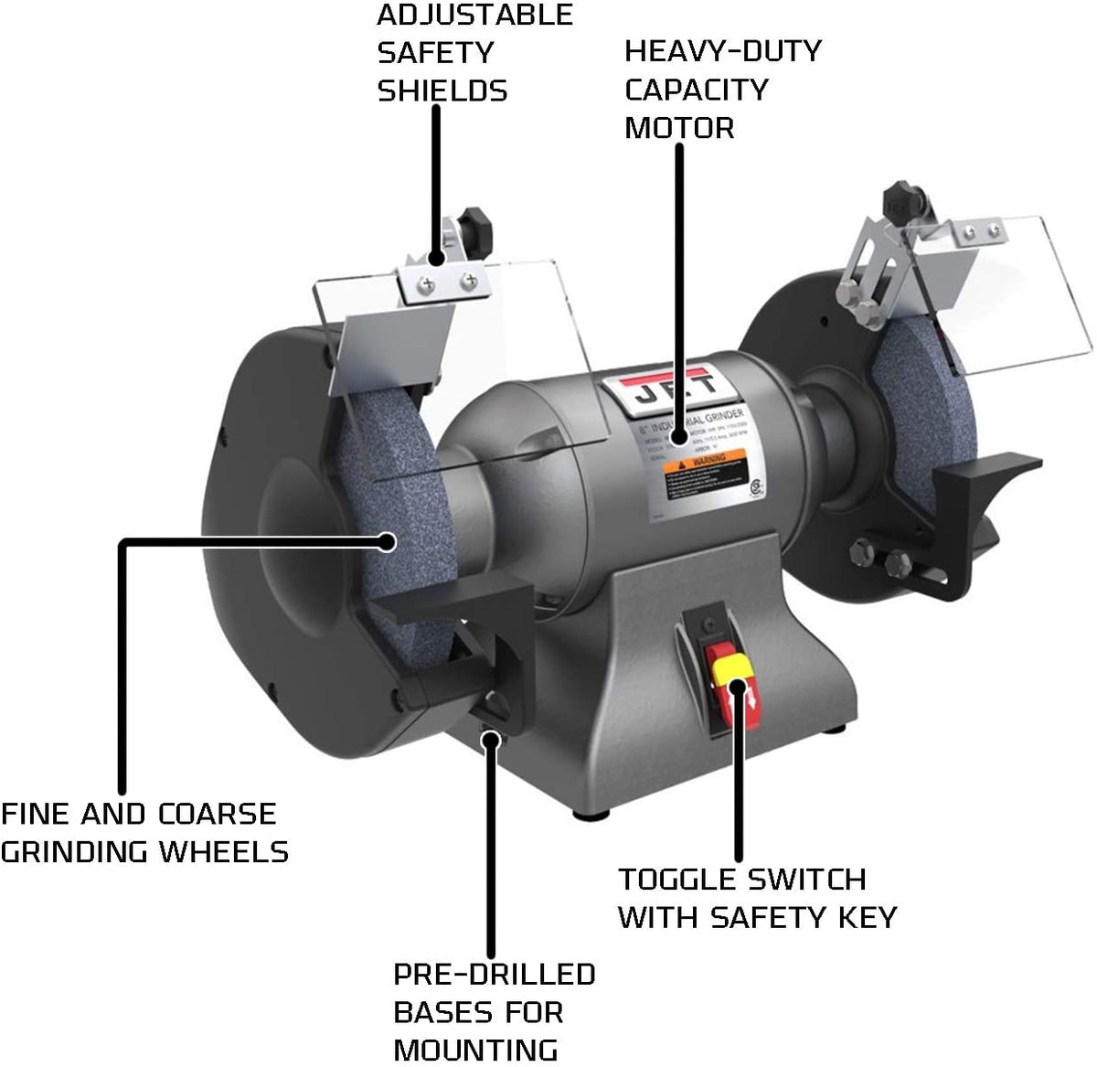Jet 578008 8 Inch Stationary Workshop Durable Industrial Bench Grinder, Gray