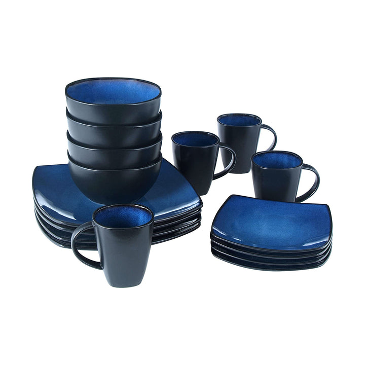 Gibson Elite Soho Lounge 16 Piece Plates, Bowls, & Mugs Dinnerware Set, Blue