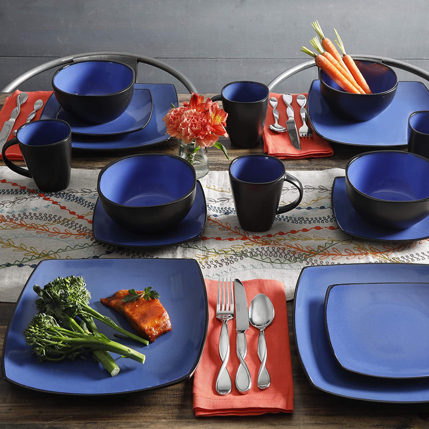 Gibson Elite Soho Lounge 16 Piece Plates, Bowls, & Mugs Set, Blue (Open Box) - VMInnovations