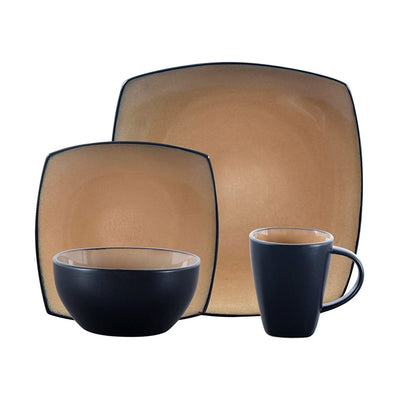 Gibson Soho Lounge 16 Piece Square Dinnerware Plates, Bowls, and Mugs Set, Taupe (Open Box)