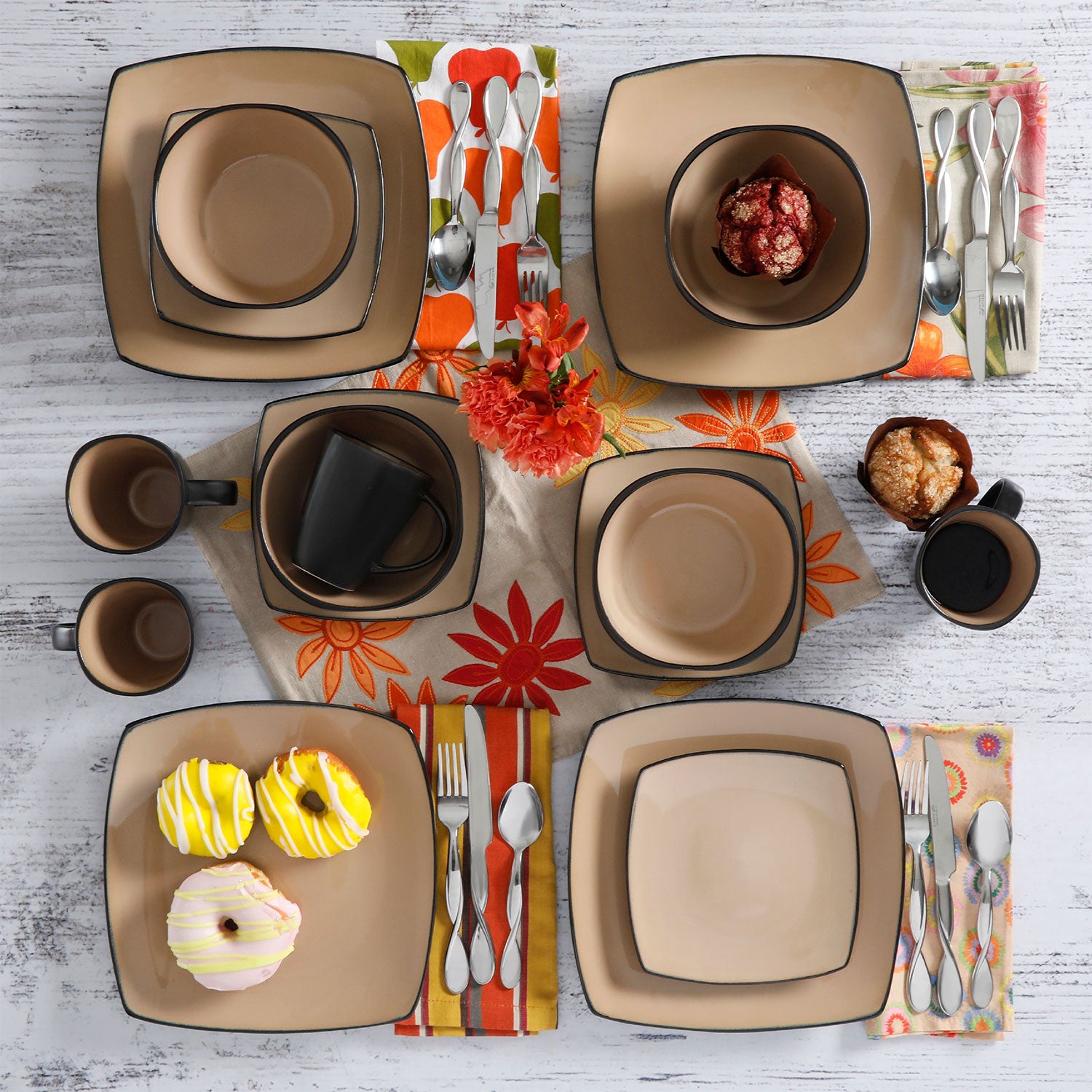 Gibson Soho Lounge 16 Piece Square Dinnerware Plates, Bowls, and Mugs Set, Taupe (Open Box)