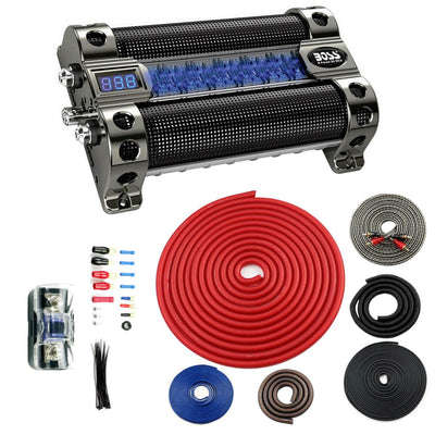 BOSS CAP8 8 FARAD LED Digital Car Capacitor Cap + BGE4RP 4 Gauge Wiring Kit