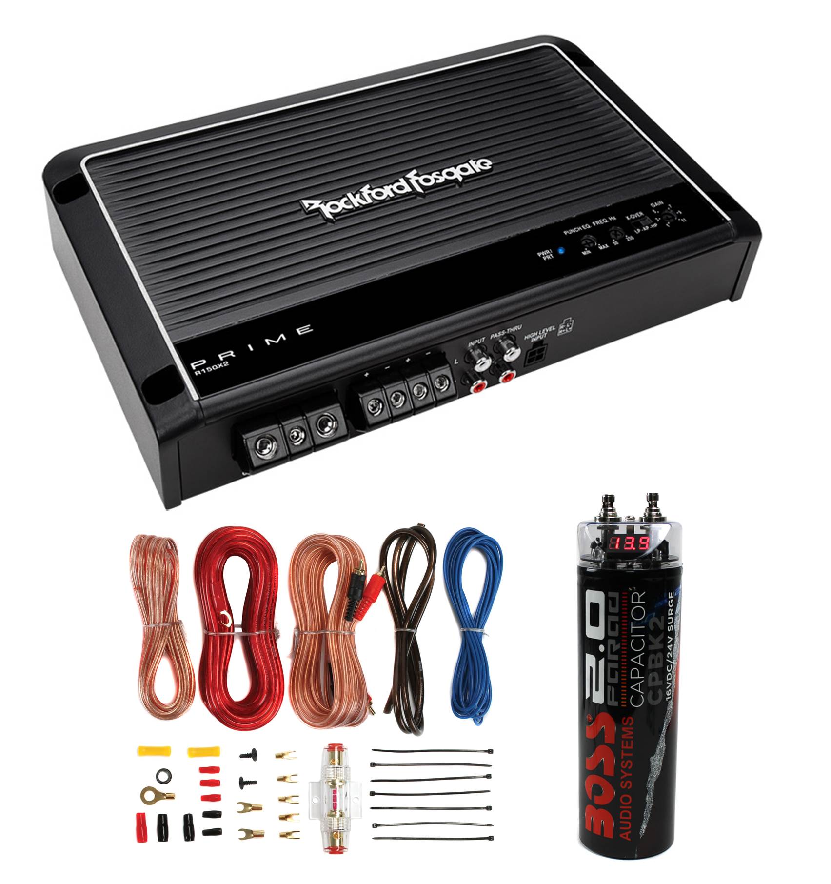Rockford Fosgate R150X2 2 Channel Amp Car Amplifier + Wiring Kit + Capacitor