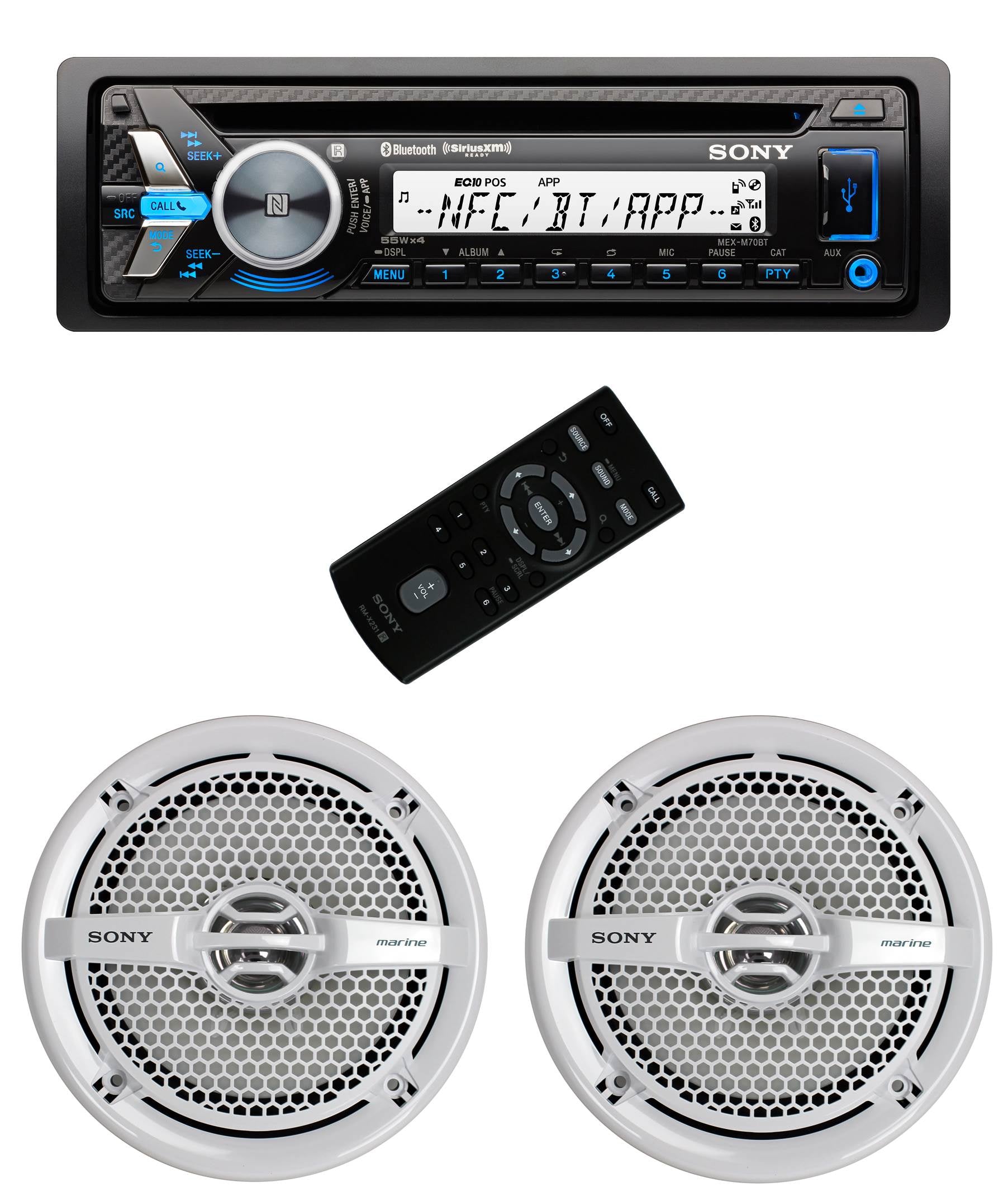 Sony MEX-M70BT CD/MP3 USB/AUX Marine Boat Wireless Receiver & 2) 6.5" Speakers - VMInnovations
