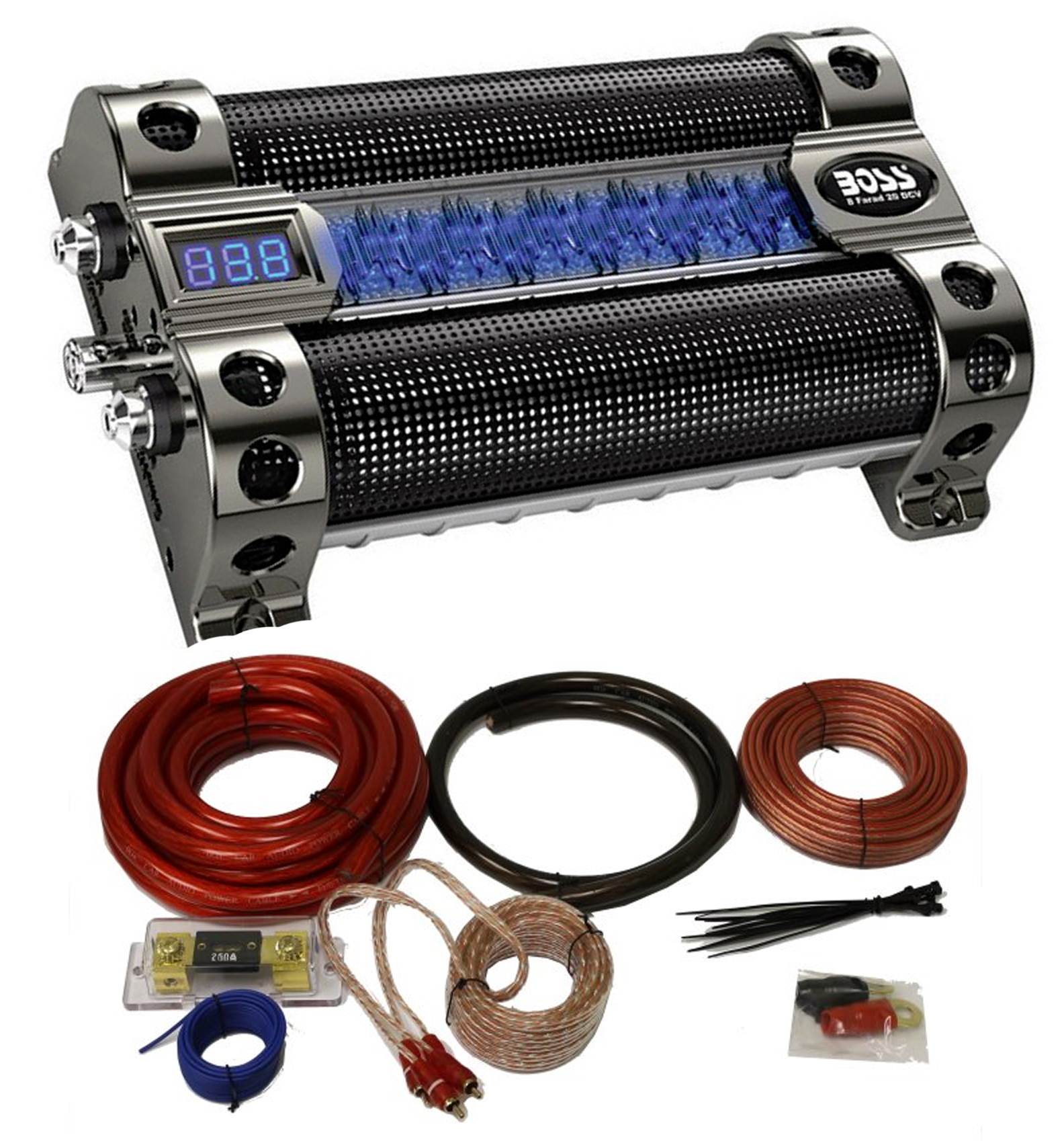BOSS Audio CAP8 8 Farad LED Digital Car Power Capacitor Cap + 0 Gauge Wiring Kit