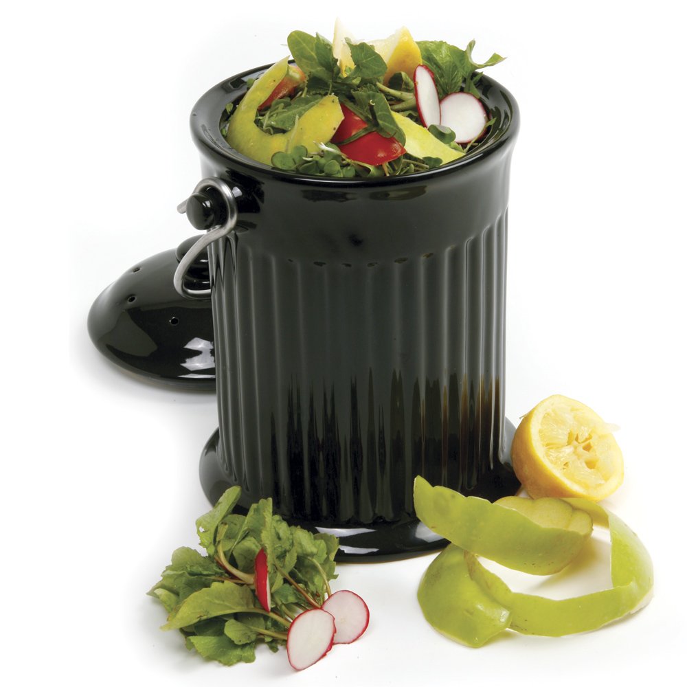 Norpro 1 Gallon Ceramic Counter Top Compost Crock w/ Steel Handle, Black (Used)