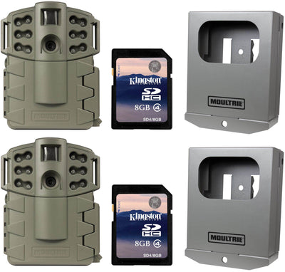 (2) MOULTRIE Game Spy A-5 Gen2 Low Glow 5MP Cameras + Security Boxes + SD Cards