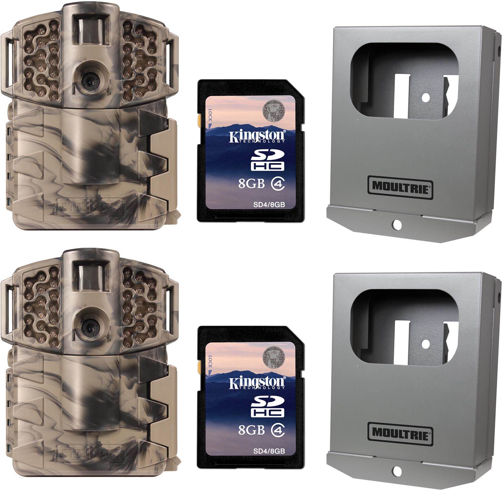 Moultrie Game Spy A-7i No Glow Game Cameras + Security Boxes + SD Cards, Pair