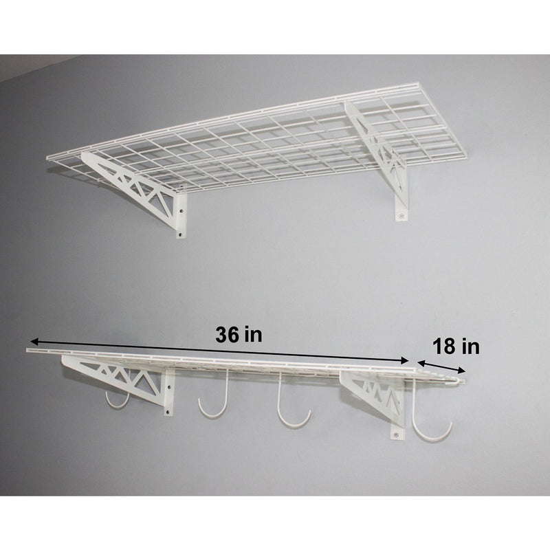 SafeRacks 18x36in Wall Shelf Two-Pack with Bike Tire Hooks, White (Open Box)