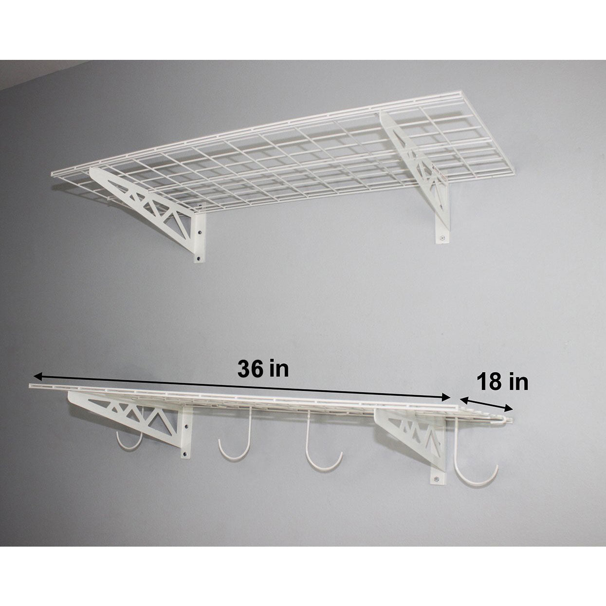 SafeRacks 18 x 36 Inch Garage Wall Shelf Two-Pack with Bike Tire Hooks, White - VMInnovations