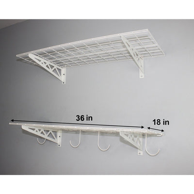 SafeRacks 18 x 36 Inch Garage Wall Shelf Two-Pack with Bike Tire Hooks, White