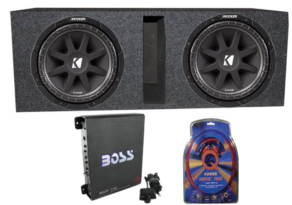 2) Kicker 43C104 10" 600 Watt Car Subwoofers, Box, 1100W Amplifier , & Wire Kit