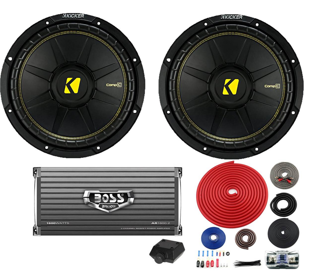 Kicker 44CWCS10 10" 1000W Car Audio Subwoofers + 1600W Amplifier + Wiring